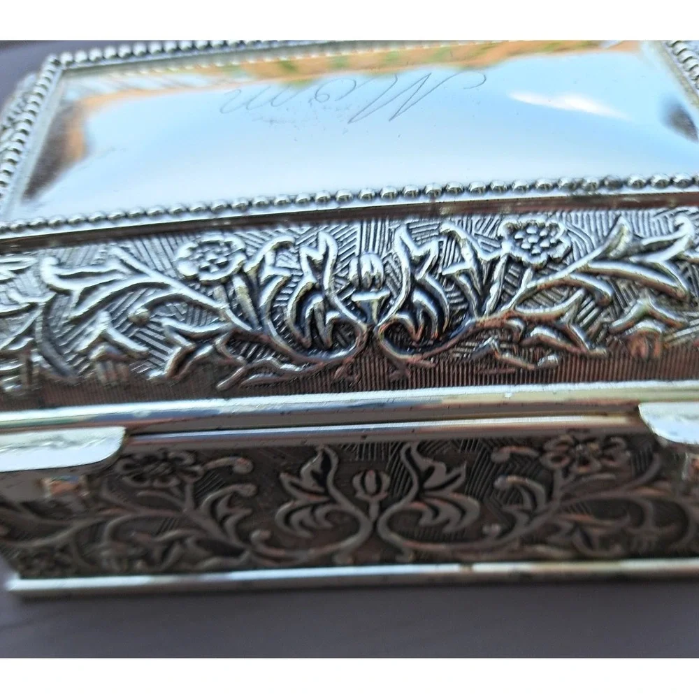 VTG Silver Plated Trinket Jewelry Box Present For Mother Blue Velvet Inner